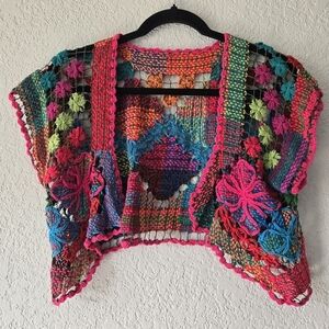 Vintage S Cap Sleeve Crochet Cardigan Multicolor Open knit